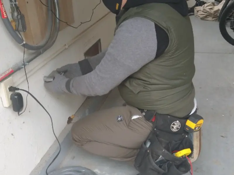 Electrician performing outlet wiring in a Wildewood garage